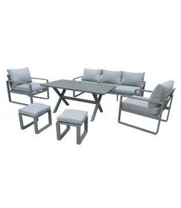Salon De Jardin En Aluminium Gris 5 Places Avec Table Et 2 Poufs