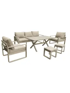 Salon de jardin 5 places +2 poufs avec table rectangulaire en aluminium taupe