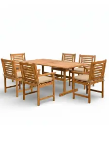 Set de table + 6 chaises à accoudoirs coussin taupe 180x90x74 cm Acacia
