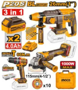 Kit de 3 outils 20 V – perceuse + meuleuse + perforateur avec accessoires