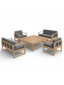 Salon de jardin coussin gris +table 130 x 130 x 42 cm + 2 chaises canapé + 2 canapés 2 places 120 x 62 x 69 cm Acacia