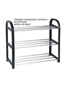 Étagère à chaussures 3 niveaux 60x28x65cm métal + polypropylène noir