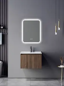 Meuble salle de bains avec miroir led 60x47x48 Cm contreplaqué chêne brun