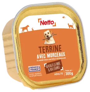 TERRINE AVEC MORCEAUX POUR CHIEN AU VEAU À LA DINDE ET AUX LÉGUMES