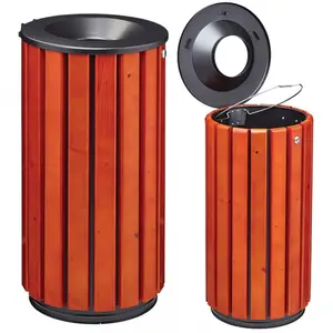 Corbeille extérieure bois FSC et métal couvercle entonnoir 80 L
