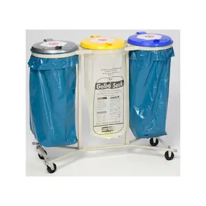 Support 3 sacs mobile 4 roues galvanisé 120L avec couvercle plastique