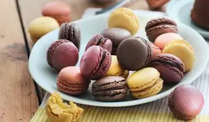 20 mini-macarons,chocolat,cassis, framboise,citron