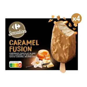 Bâtonnets Glace Vanille Chocolat Blanc Caramel Beurre Salé Carrefour Sensation 4 unités 274g