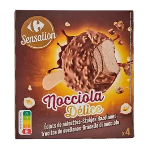 Bâtonnets Glace Chocolat Noisettes Carrefour Sensation 4 unités 204g