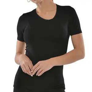 T-shirt Femme à Manches Courtes Col Rond avec Dentelle Noir - Taille M