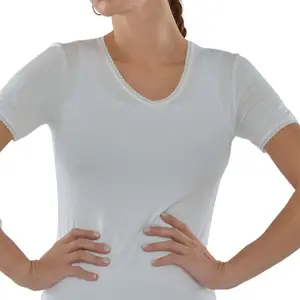 T-shirt Femme à Manches Courtes Col V avec Dentelle Blanc - Taille S