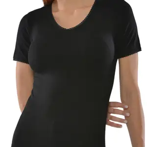 T-shirt Femme à Manches Courtes Col V avec Dentelle Noir - Taille L