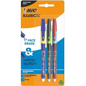 Bic Illusion Stylos-Bille Effaçables Et Rechargeables À Pointe Moyenne Couleurs Bleu, Noir, Rouge, Blister De 3