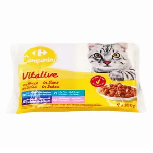 Carrefour Companino Pâté Pour Chat Adulte En Sauce Au Cabillaud, Au Thon, Aux Crevettes & Saumon 4 X 100G