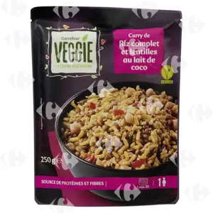 Riz Micro-ondes Curry & Lentilles de Coco Végétarien Carrefour Veggie 2 min 250g