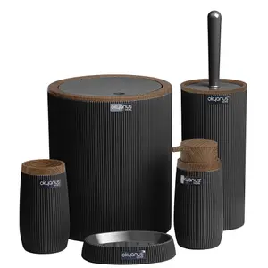 Set de Salle de Bain Rond Rayé Bois Noir Okyanus 5 unités