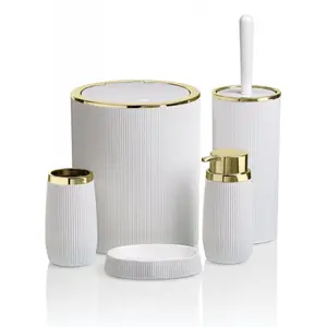 Set de Salle de Bain Rond Rayé Dorée Blanc Okayanus 5 pièces