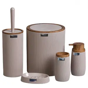 Set de Salle de Bain Rond Rayé Rose Marrons Okayanus 5 pièces