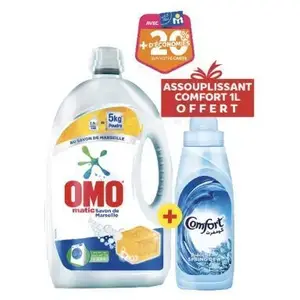 Lessive liquide Savon Marseille 2,5L +assouplissant Comfort bleu 1L offert - OMO