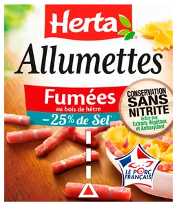 ALLUMETTES OU LARDONS FUMES -25% DE SEL CONSERVATION SANS NITRITE HERTA