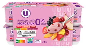 YAOURT AUX FRUITS AVEC MORCEAUX ALLEGE EN SUCRES 0% MG U