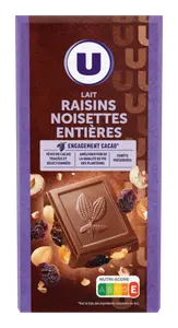 CHOCOLAT AU LAIT RAISINS ET NOISETTES ENTIERES U