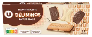 BISCUITS TABLETTE DELIMINOS CHOCOLAT LAIT ET BLANC U