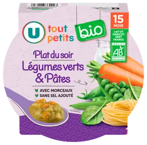 PLAT DU SOIR LEGUMES VERTS ET PATES DES 15 MOIS U TOUT PETITS BIO