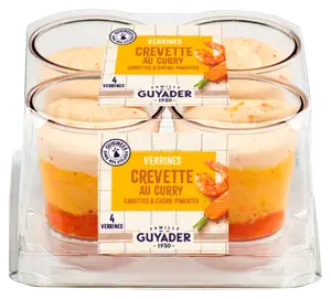 VERRINES FAÇON TZAZIKI HOUMOUS DE PETITS POIS OU CREVETTES AU CURRY, CAROTTES CONFITES & CRÈME PIMENTÉE OU ST-JACQUES, CAROTTES & POMMES FONDANTES GUYADER