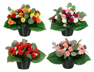 COMPOSITION ROSES ET FEUILLAGE 33 CM