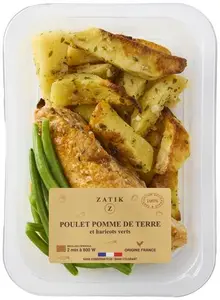 BLANC DE POULET, POMMES DE TERRE ET HARICOTS VERTS OU ÉMINCÉ DE POULET À LA MOUTARDE ET AU RIZ BASMATI OU GNOCCHIS DE POMMES DE TERRE SAUCE CARBONARA ZATIK