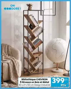Bibliothèque CHEVRON 5 Niveaux en Bois et Métal Design Industriel 40 x 27 x 150 cm